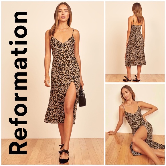 🐆 Reformation, Blitz Crimini Cheetah Print Slip Midi Dress - Picture 1 of 16
